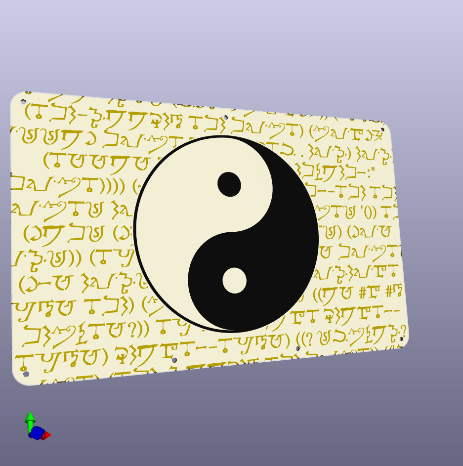 A white PCB render with a yin/yang symbol in the middle and cryptic-looking gold text behind it