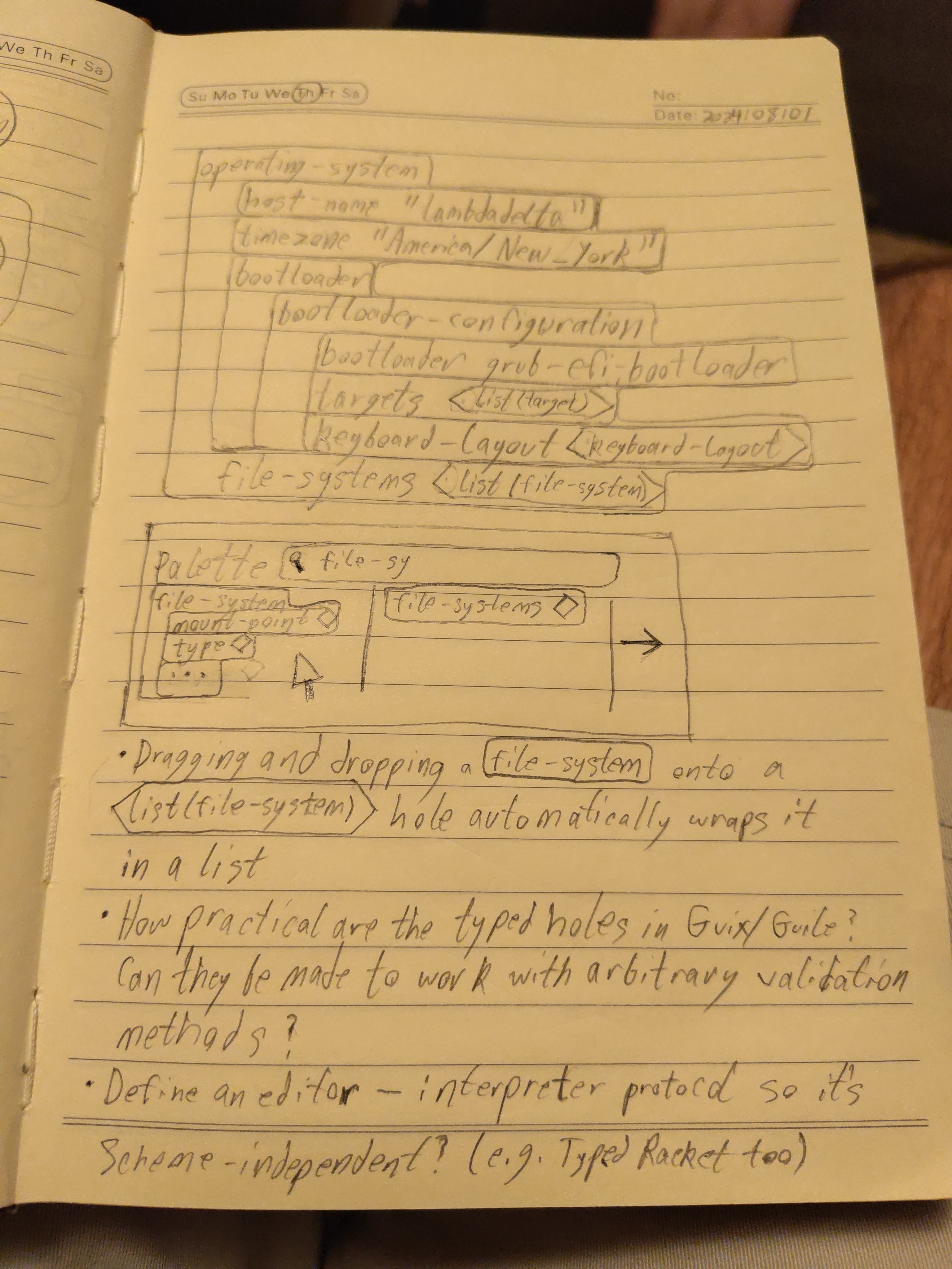 Pencil mockup of a structural s-expression editor for Schemes, showing a Guix operating-system record. There is an expression palette that can be used to search for expressions and drag them into the structural editor.